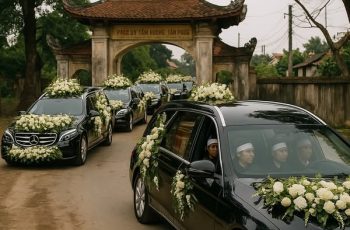 Gia đình giàu có đưa tang bà cụ bằng xe ô tô sang trọng băng băng qua cây đa đầu làng, quên cả phong tục phải dừng chào