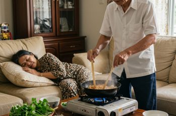 Qua camera thấy bố cặm cụi nấu ăn, còn vợ tôi đang nằm ngủ, lúc tua lại video tôi sợ tái mặt